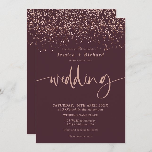 Modern elegant rose gold burgundy wedding script  invitation (Front/Back)