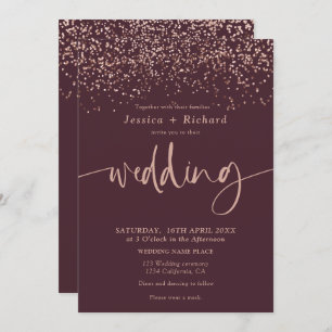 Modern elegant rose gold burgundy wedding script  invitation