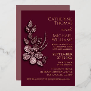 Modern Elegant Rose Gold Glitter Floral & Burgundy