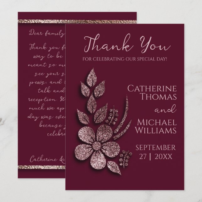 Modern Elegant Rose Gold Glitter Floral & Burgundy Thank You Card (Front/Back)