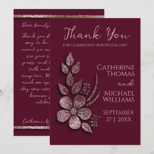 Modern Elegant Rose Gold Glitter Floral & Burgundy Thank You Card
