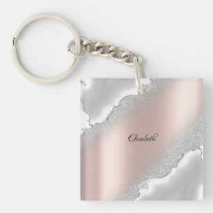 Modern Elegant Rose Gold Glitter Silver Marble    Keychain