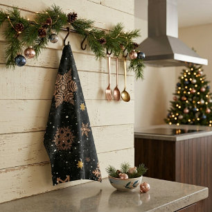 Modern Elegant Rose Gold Glitter Snowflakes Black Kitchen Towel