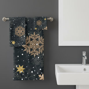 Modern Elegant Rose Gold Glitter Snowflakes Grey Bath Towel Set
