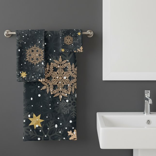 Modern Elegant Rose Gold Glitter Snowflakes Grey Bath Towel Set (Creator Uploaded)