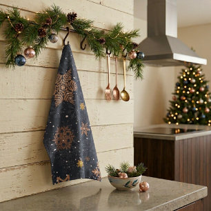 Modern Elegant Rose Gold Glitter Snowflakes Grey Kitchen Towel
