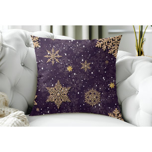 Modern Elegant Rose Gold Glitter Snowflakes Purple Throw Pillow