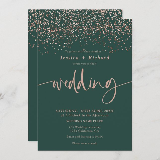 Modern elegant rose gold green wedding script invitation (Front/Back)