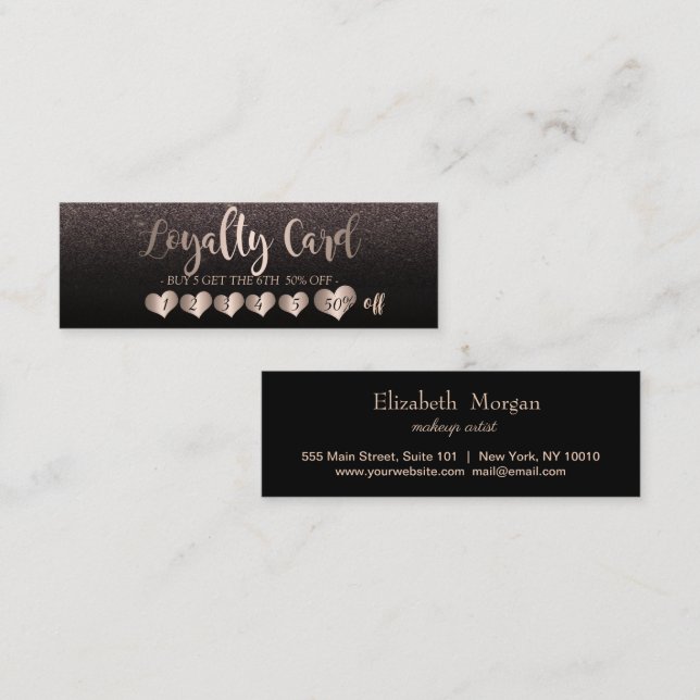 Modern Elegant Rose Gold Hearts, Black Glitter Loyalty Card (Front/Back)