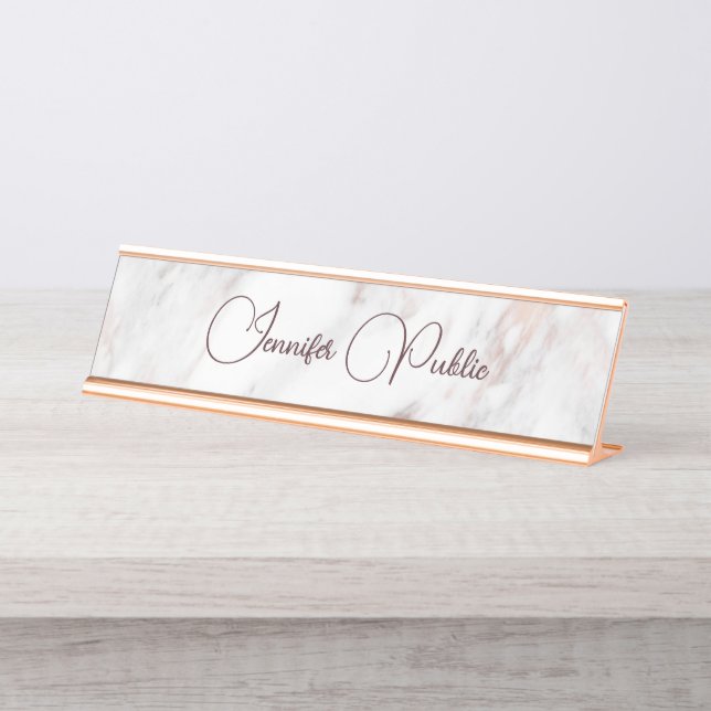 Modern Elegant Rose Gold Marble Typography Script Desk Name Plate (Front)