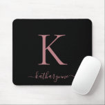 Modern Elegant Rose Gold Monogram Script Black Mouse Pad<br><div class="desc">Modern Elegant Pink Rose Gold Monogram Script on a chic black mouse pad. Easy to customize with your own name and details. Perfect for your modern minimalist yet luxury lifestyle! Please contact us at cedarandstring@gmail.com if you need assistance with the design or matching products.</div>