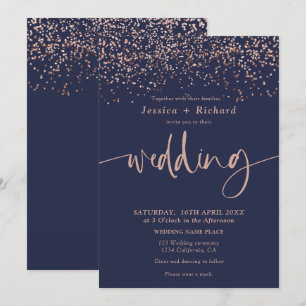 Modern elegant rose gold navy blue wedding script invitation