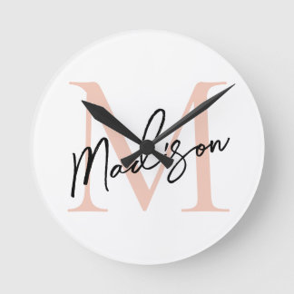 Modern Elegant Rose Gold Personalized Monogram Round Clock