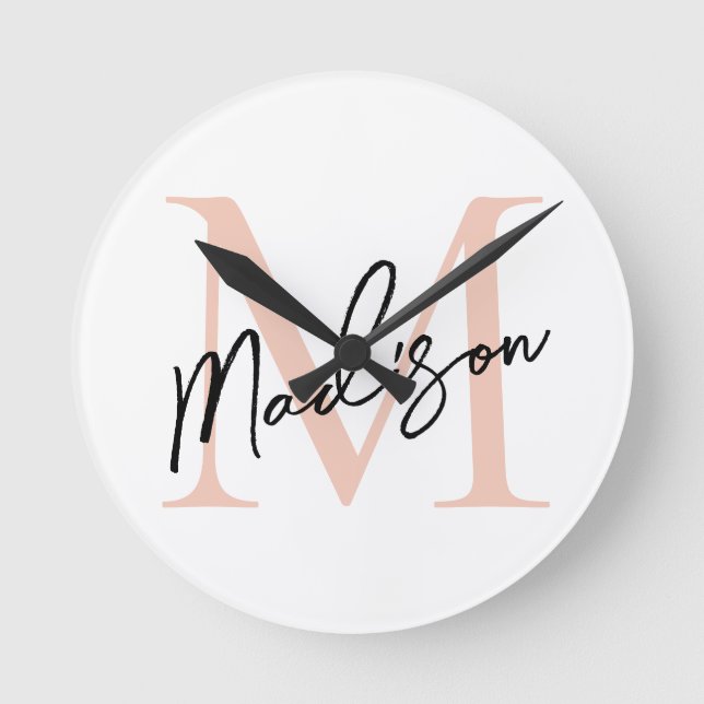 Modern Elegant Rose Gold Personalized Monogram Round Clock (Front)