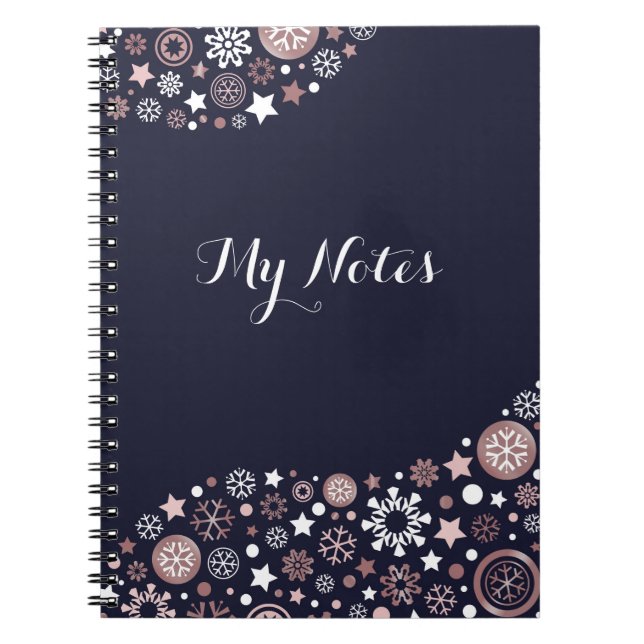 Modern elegant rose gold winter snowflakes notebook (Front)