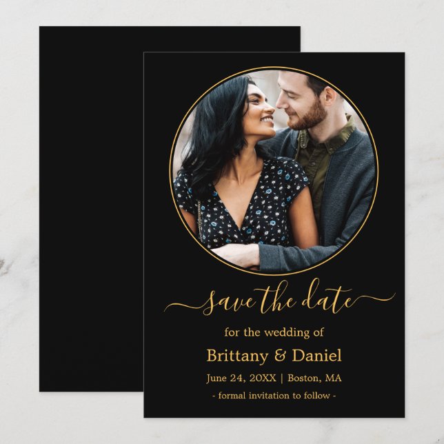 Modern Elegant Round Photo Frame Black Gold Save The Date (Front/Back)
