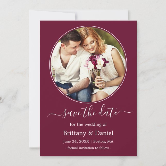 Modern Elegant Round Photo Frame Burgundy Save The Date (Front)