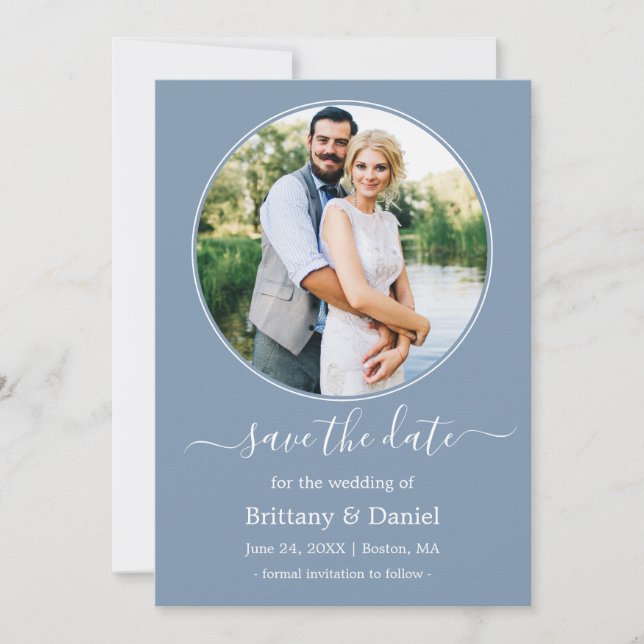 Modern Elegant Round Photo Frame Dusty Blue Save The Date (Front)