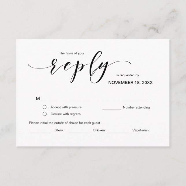 Modern Elegant RSVP,  Black Font, Respond Enclosure Card (Front)