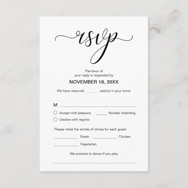 Modern Elegant RSVP,  Black Font, Respond Enclosure Card (Front)