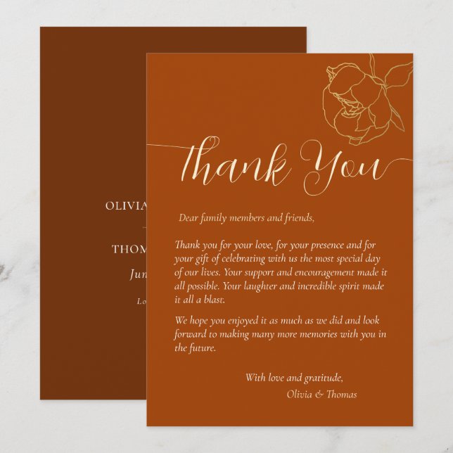 Modern Elegant Rust Brown Fall Wedding Thank You Invitation (Front/Back)