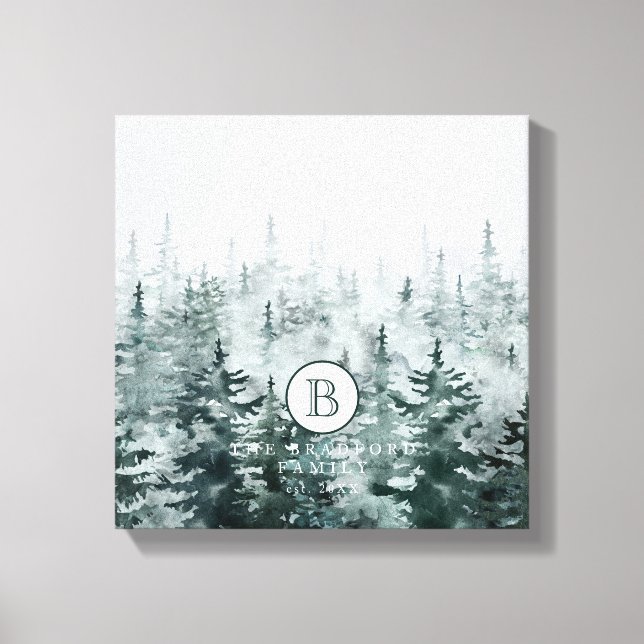Modern Elegant Rustic Winter Green Custom Monogram Canvas Print (Front)