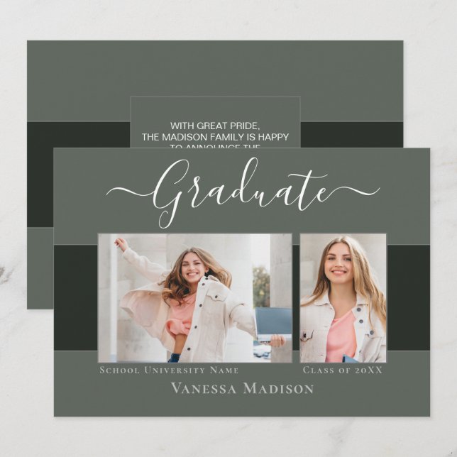 Modern | Elegant Sage Green 2 Photo Graduation Announcement (Front/Back)