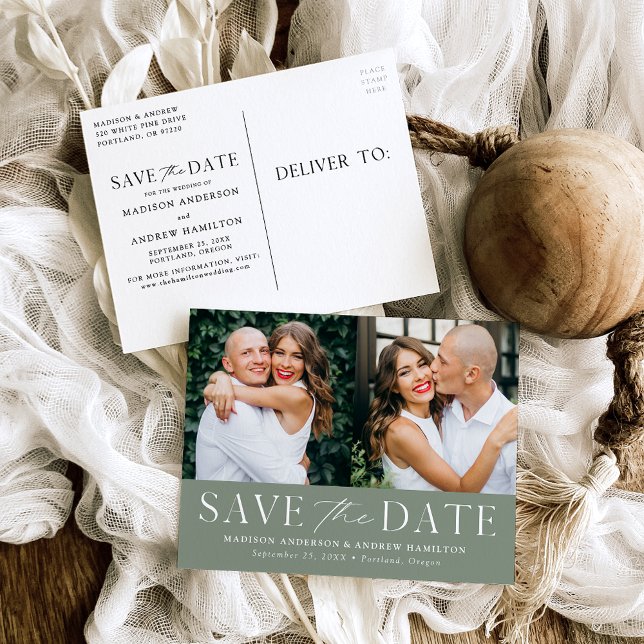 Modern Elegant Sage Green 2 Photo Save the Date Announcement Postcard (Creator Uploaded)
