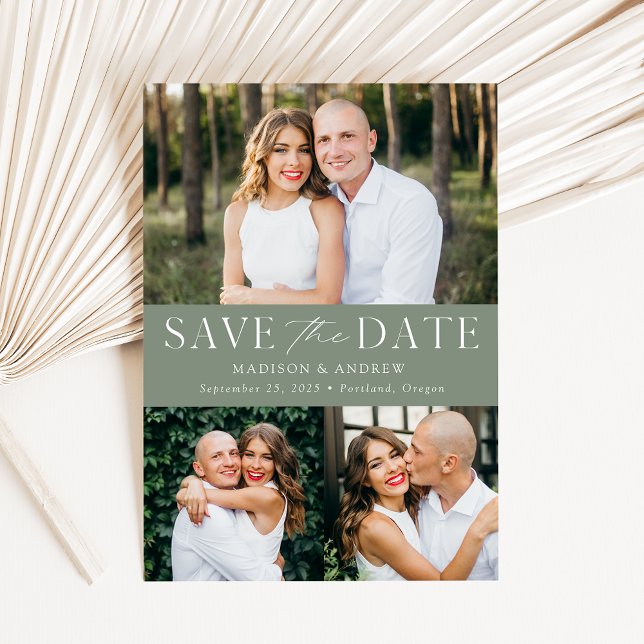 Modern Elegant Sage Green 3 Photo Save The Date (Creator Uploaded)