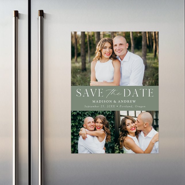 Modern Elegant Sage Green 3 Photo Save the Date Magnetic Invitation (Creator Uploaded)