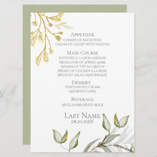 Modern Elegant Sage Green and Gold Foliage  Menu
