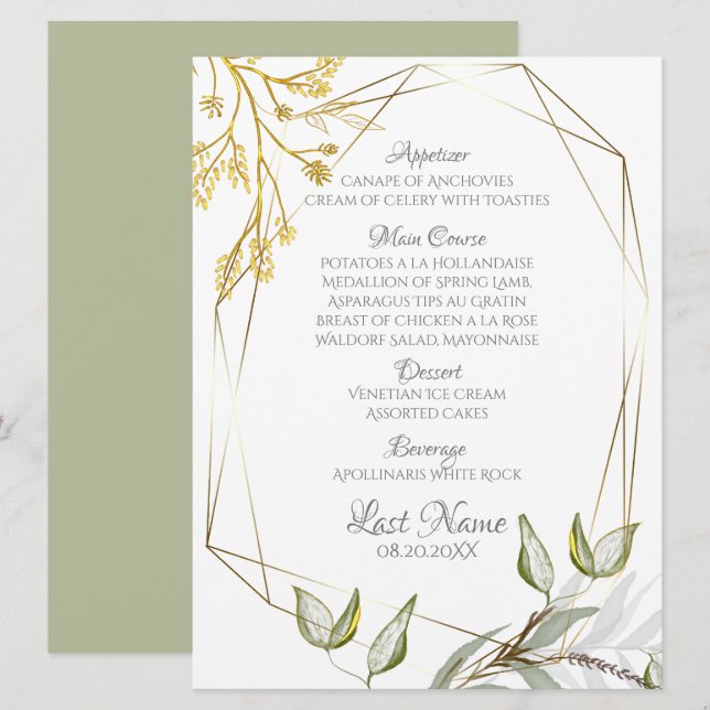 Modern Elegant Sage Green and Gold Foliage  Menu (Front/Back)