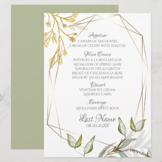 Modern Elegant Sage Green and Gold Foliage  Menu