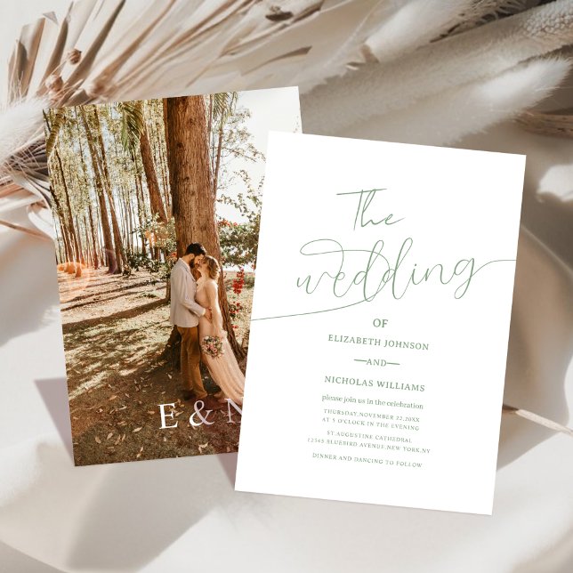 modern elegant sage green and white photo wedding invitation (Creator Uploaded)