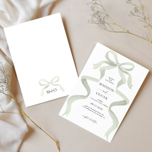 Modern Elegant Sage Green Bow Monogram Wedding Invitation