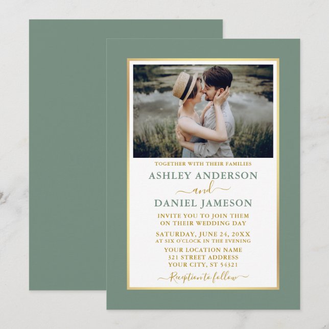 Modern Elegant Sage Green Gold Wedding Invitation (Front/Back)