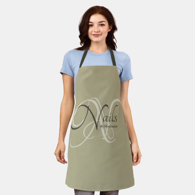 Modern Elegant Sage Green Monogram Nail Artist Apron (Worn)