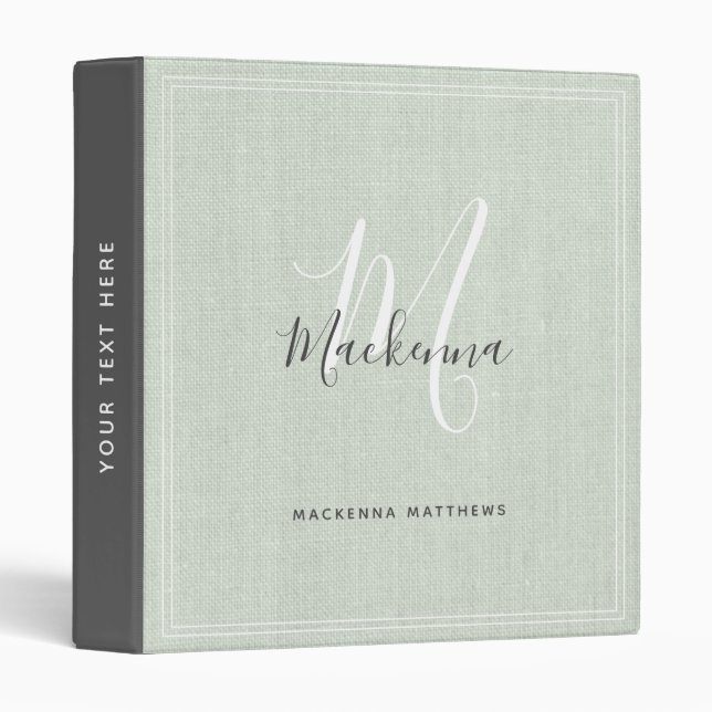 Modern Elegant Sage Green Monogram Script Linen Binder (Front/Spine)