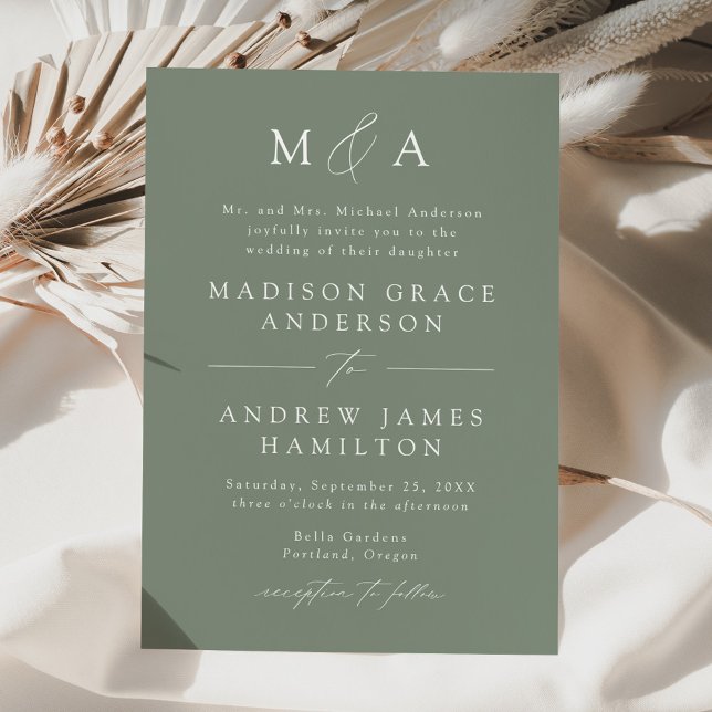 Modern Elegant Sage Green Monogram Wedding Invitation (Creator Uploaded)