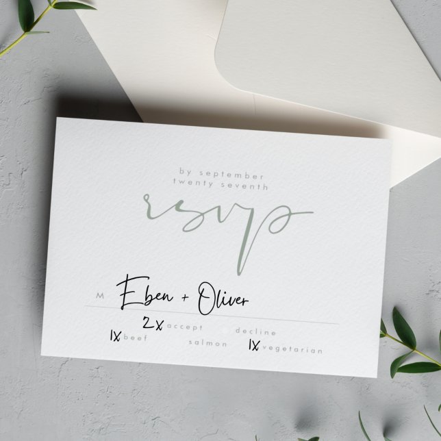 Modern Elegant Sage Green Neutral White Wedding RSVP Card (Creator Uploaded)