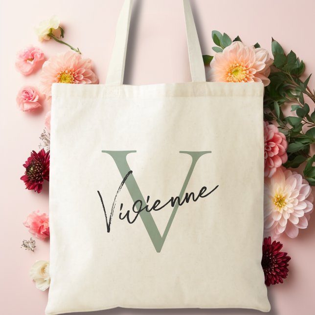 Modern Elegant Sage Green Personalized Monogram Tote Bag (Modern Elegant Sage Green Personalized Monogram Tote Bag)