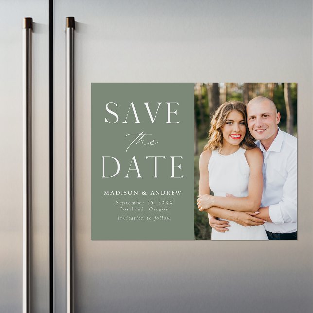 Modern Elegant Sage Green Photo Save the Date Magnetic Invitation (Creator Uploaded)