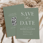 Modern Elegant Sage Green QR Code Save The Date<br><div class="desc">Announce your upcoming nuptials in style with our elegant, modern QR code save the date card. The non-photo save the date features "Save the Date" in white serif and script fonts with a sage green background. Personalize the front of the save the date card by adding your names, wedding date,...</div>