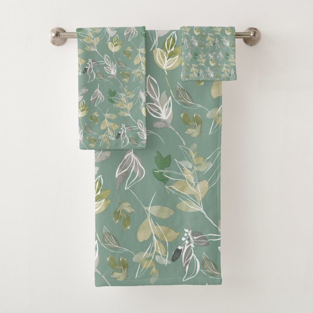 Modern Elegant Sage Green Silver Leaves Botanical Bath Towel Set (Insitu)