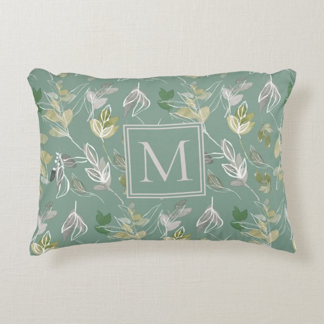 Modern Elegant Sage Green Silver Leaves Monogram  Accent Pillow (Front)