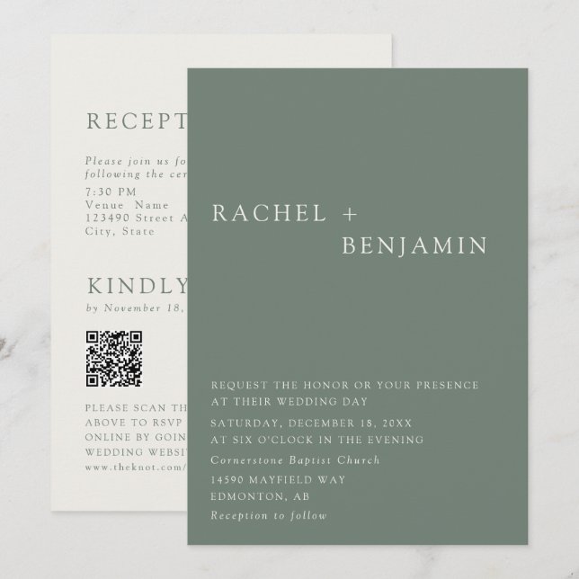 Modern Elegant Sage Green Wedding 2 Sided QR Code Invitation (Front/Back)