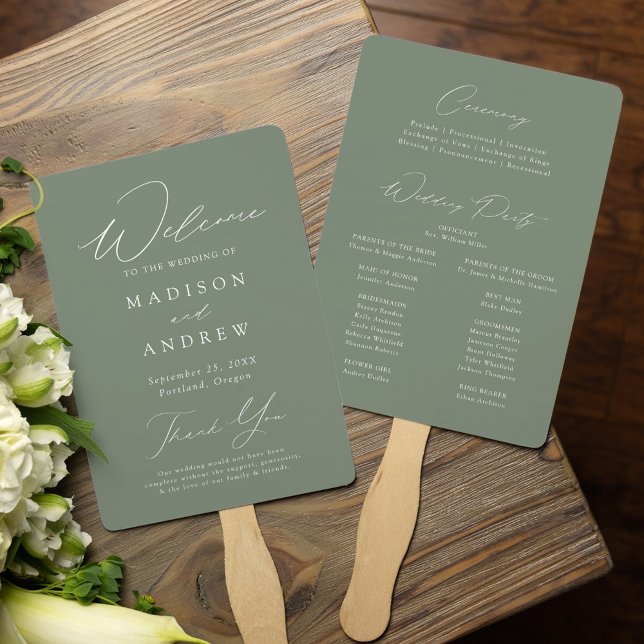 Modern Elegant Sage Green Wedding Program Hand Fan (Creator Uploaded)