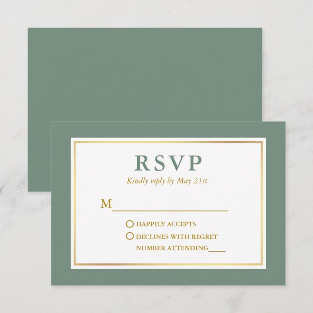 Modern Elegant Sage Green White Gold RSVP Card (Front/Back)