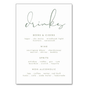 Modern Elegant Sage Green White Wedding Drink Menu Table Number