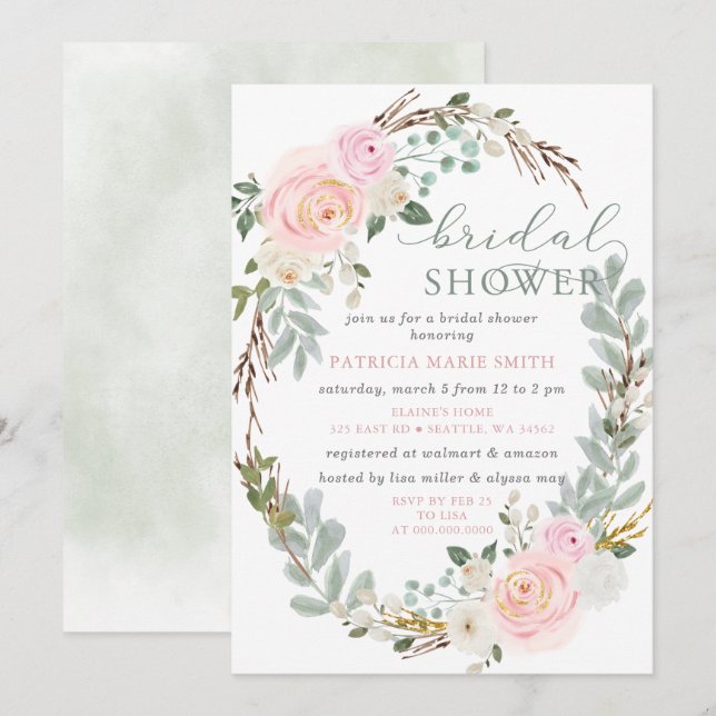 Modern Elegant Sage Pink Floral Bridal Shower Invitation (Front/Back)